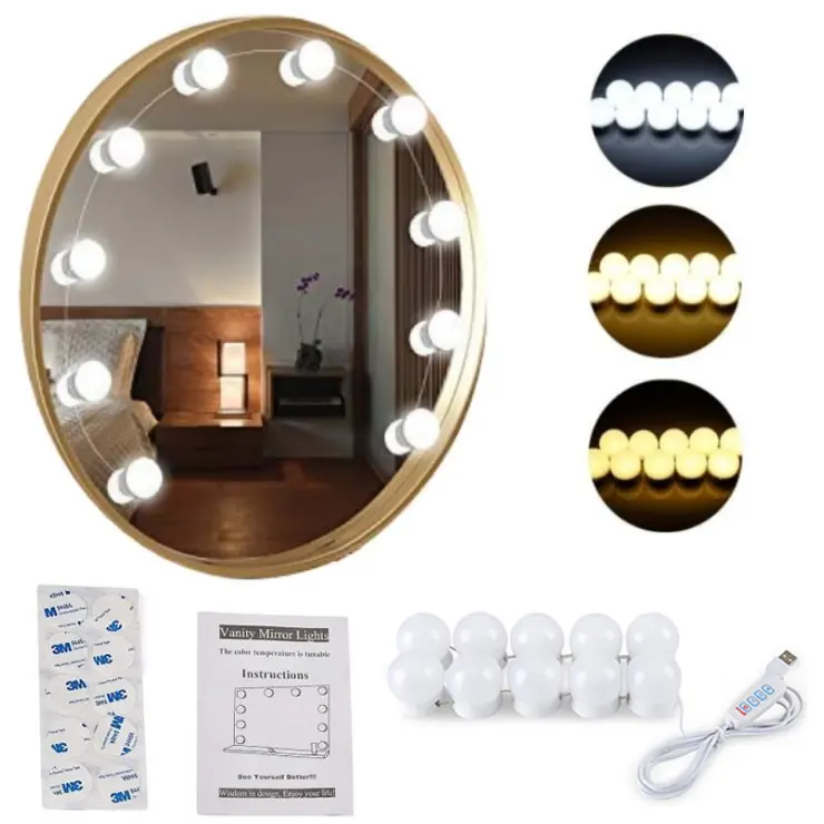 Miroir courtoisie Led table lumineuse à intensité modulable, 10 ampoules pour maquillage courtoisie d'hollywood avec câble USB