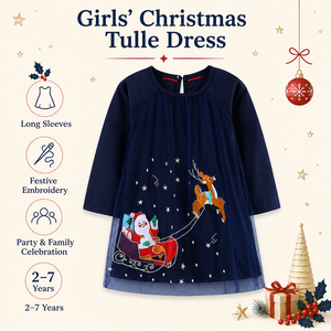 Vestido de Fiesta Navideño para Niñas, Tul Bordado con Santa Claus, Manga Larga, 100% Algodón, Azul Marino, para 2-7 Años, Personalizado OEM - Product Image 4