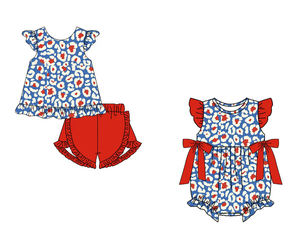 Conjuntos de Shorts Casuales Personalizados con Estampado de Leopardo para Niñas, Trajes de Verano para Bebés, Romper de Burbujas, Conjuntos a Juego para Hermanas, Venta al por Mayor, Algodón y Spandex - Product Image 3