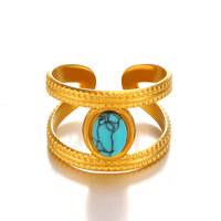 Bague tendance en acier inoxydable, style européen et américain, simple et élégante, avec turquoise bleue et perle ovale personnalisée, passe-partout