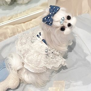 Robe Lolita de luxe respirante et légère pour chien, jupe tutu de princesse en dentelle florale jaune pour Halloween, nœud bleu, style pastoral français - Product Image 2