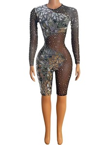 Combinaison scintillante noire en maille avec strass argentés pour femme – Idéale pour la danse, les soirées, les anniversaires, les spectacles et les séances <span class=keywords><strong>photo</strong></span> - Product Image 1