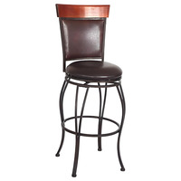 Tabouret de bar de 30 pouces avec rail supérieur en bois et dossier découpé, coussin en lin, structure en métal antique, Uetco