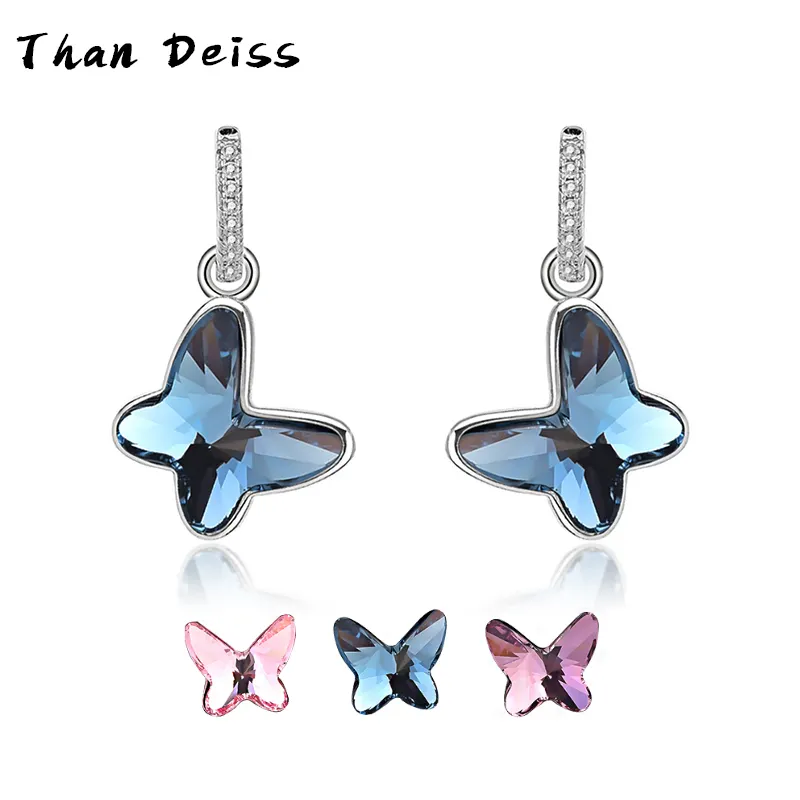 For Fit Swarovski Crystal S925 Sterling Silver Premium Blue Butterfly Earrings for Women