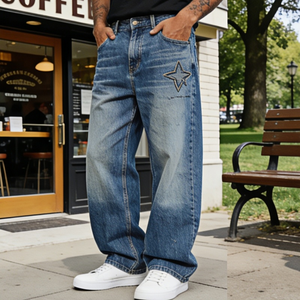 Pantalones desgastados personalizados de alta calidad, ropa de calle personalizada, pantalones vaqueros holgados lavados Vintage para hombres, Pantalones - Product Image 1