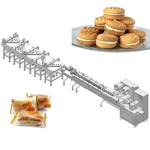 Machine d'emballage de sachets en plastique de type oreiller de flux de pain de gâteau rond français de biscuit de gaufrette horizontale entièrement automatique