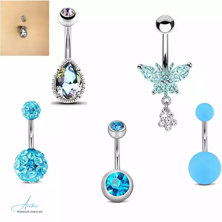 Blue 5pcs Set Stainless Steel Butterfly Zircon Body Belly Button Rings Jewelry For Girl Women Navel Ring