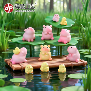 Figurines miniatures de capybara et de canard en résine rose et jaune, décoration artisanale pour voiture, bureau, jardin - Product Image 2