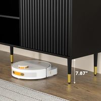 Support de téléviseur noir pour téléviseur de 65 pouces avec rangement, table console de télévision à portes ondulées avec portes coulissantes et étagères réglables