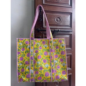 Bolso Tote Acolchado de Algodón con Estampado a Mano, Bolso de Hombro para Compras, Bolso Tote Geométrico Multicolor con Forro de Algodón Floral Jaal - Product Image 3