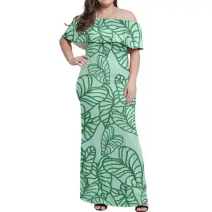 Women's Elegant Temperament Beach Maxi Dress One Shoulder Short Sleeve Long Dresses Kalo Leaf Design Party Print On Demand