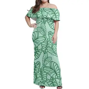 Gaun Maxi pantai temperamen wanita, gaun pesta bercetak satu bahu lengan pendek desain daun Kalo