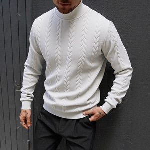 Pull en laine tricoté à col montant pour homme, chaud, automne-hiver, couleur unie, maille torsadée, manches longues, anti-boulochage - Product Image 2