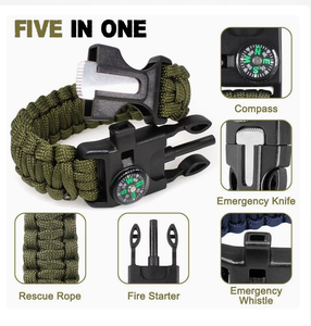 DFB729 Pulsera de cuerda trenzada 5 en 1 para rescate y supervivencia al aire libre para hombres, con silbato, brújula, iniciador de fuego, afilador, cuchillo, hebilla y encendedor. - Product Image 5