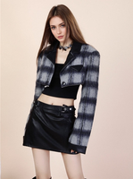 Personnalisé Vintage Mode Faux Cuir Patchwork Laine À Carreaux Zip Enlèvement Coupure Veste Courte Manteau Femmes Rue Veste Extérieure