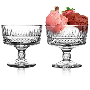 11oz Carved Textured Ice Cream Bowl Clear Glass Sundae Trifle Dish Footed Dessert Bowls