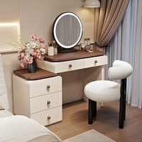 Coiffeuse moderne style crème extensible avec meuble de rangement, miroir LED et éclairage réglable 3 couleurs, finition noyer, pour chambre à coucher
