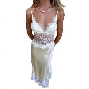 שמלת סאטן מפוארת עם גימור תחרה, צווארון וי חלק, גב פתוח, אורך עד הרצפה, עם שירות יצרן מקורי (OEM) למסיבות ערב ולבוש לילה - Product Image 5