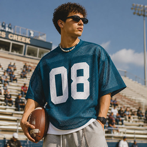 Maillot de football en mesh pour homme, t-shirt personnalisé avec logo et numéro imprimés, coupe ample, col rond, manches courtes, streetwear - Product Image 1