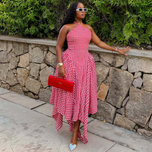 Wholesale Gingham Check Halter Midi <strong>Dress</strong> Sleeveless High Neck Fitted Waist Asymmetric <strong>Hanky</strong> <strong>Hem</strong> Casual Vacation <strong>Dress</strong> - Product Image 2