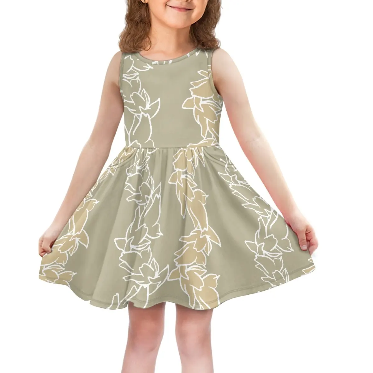 Print On Demand Custom Sleeveless Girl Dresses Puakenikeni Flower Lei Pattern Kids Dress With Pocket