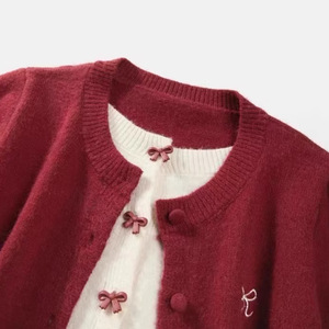 Women's <b>Cardigan</b> Knitwear Red Single Breasted Bow Detail Loose Fit Vintage Style Spring Autumn Wear Anti Pilling - Product Image 4