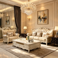 Ensemble de canapés Chesterfield en cuir sculpté en bois massif de style classique européen, meubles de luxe pour salon de villa
