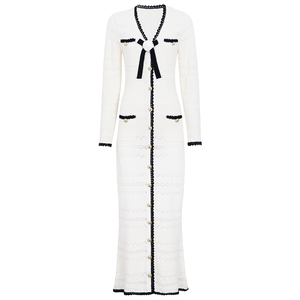 Nuovo Abito Lungo <span class=keywords><strong>in</strong></span> <span class=keywords><strong>Maglia</strong></span> alla Moda per Donne: <span class=keywords><strong>Maniche</strong></span> <span class=keywords><strong>Lunghe</strong></span>, Traforato, Scollo a V Bicolore con Bottoni Dorati, <span class=keywords><strong>Vestito</strong></span> Retrò da Festa - Product Image 4