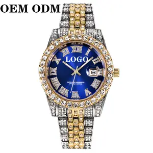Oem Odm Luxe Mode Dag Datum Quartz Blauw Gezicht Hiphop Horloges Bling Hip Hop Volledige Diamonds Heren Iced Out Horloge