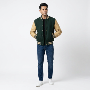 Chaqueta estilo universitario para hombre con mangas en contraste, forro acolchado, ribete a rayas, botones a presión, ropa urbana de moda. - Product Image 1