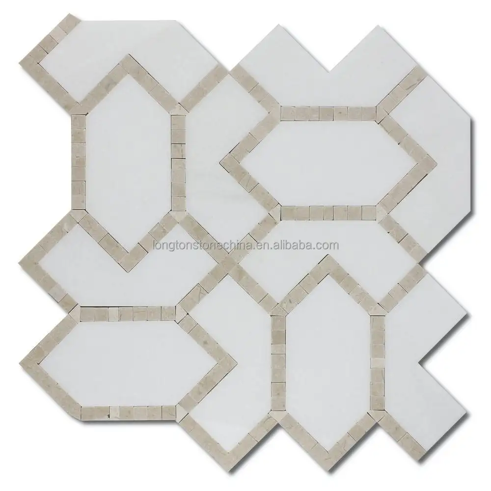 Carrelage de sol de cuisine en mosaïque à motif géométrique, motif grec, mélange de blanc, Beige, gris, marbre aiguisé, jet d'eau