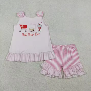 Conjunto a juego para <span class=keywords><strong>hermanas</strong></span> pequeñas con temática de compras, camiseta sin mangas rosa con volantes y pantalones cortos a rayas y pelele para bebé, con la frase 'Mejor Día Jamás' - Product Image 2
