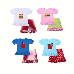 Boutique back to school kids outfit apple applique blank girls ruffle two piece shorts set