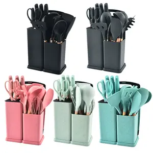 19pcs Wood Handle Silicone Kitchen Utensils Kitchen Set Kitchen Utensils With Storage Holder 19pcs Wood Handle Silicone