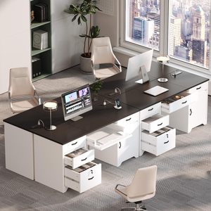 Bureau d'ordinateur moderne blanc avec dessus noir, tiroirs de rangement et armoire pour poste de travail à domicile - Product Image 5