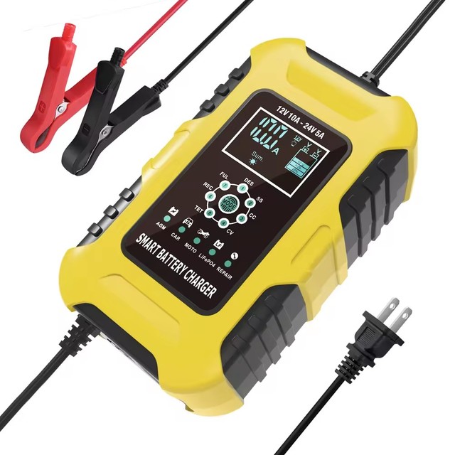 FOXSUR 12V 10A 24V 5A 7-stage lead acid AGM LiFePo4 Motorcycle Car Lithium Battery Smart LCD Display Automatic Charger