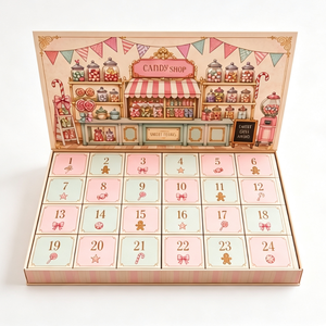 Boîte de calendrier de l'avent Pink Candy Shop 24 jours avec découpe de précision en carton imprimé et inserts personnalisés - Product Image 1
