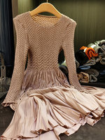 Nouvelle Robe Mi-Longue Vintage Chic pour Femme, Col Montant, Manches Longues, Patchwork, Froncée, Élégante, Amincissante à la Taille, Idéale pour l'Automne