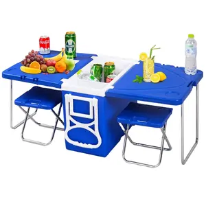 Hs mesa cooler dobrável de plástico, 28l, item de resfriamento, mesa, balde de gelo, para acampamento ao ar livre, conjunto de rodas, refrigerador