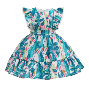 Blue Customized Pattern Color Daily Dress For Girls Toddler Kids Rabbit Cozy Summer Short Sleeve Frock Princess Party Dresses
