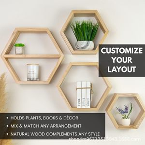 Wooden Hexagonal Wall <b>Shelf</b> Set Of Four Geometric Storage For Living Room And <b>Bedroom</b> Decoration - Product Image 4