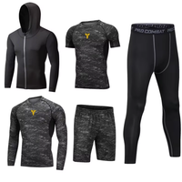 Ensemble de sport cinq pièces pour homme, ajusté, couleur unie, séchage rapide, manches longues, en soie de lait, élasthanne et polyester, pour le fitness