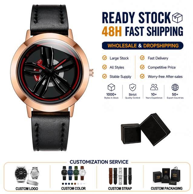 Sanda 1010 Trending Custom Watch 3D Spinning Car Wheel Rim 42mm Car Watches Leather Jewels in Quartz Watches
