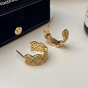 S925 Pure Silver Antique Micro Inlaid Zircon <b>Earrings</b> Light Luxury Simple Fashionable Curved Design <b>Green</b> Niche Diamond Jewelry - Product Image 5