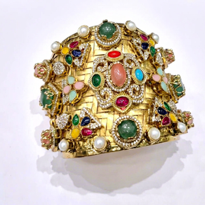 Bracelet manchette plaqué or avec pierres précieuses multicolores et perles, jonc ouvert en zircon cubique, bijou de mariage - Product Image 1
