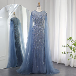 Luxe arabe bleu sirène robe de soirée avec Cape manches sauge vert or dubaï femmes robes de soirée de mariage SZ009 - Product Image 1