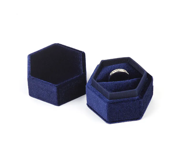 Hot sale hexagon Ring Box Blue velvet Jewellery earring packaging case Travel small jewel ring box