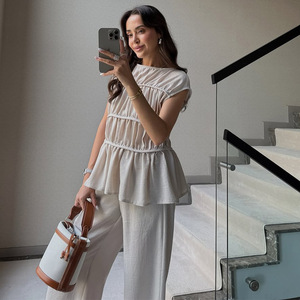 Set <span class=keywords><strong>taglie</strong></span> <span class=keywords><strong>forti</strong></span> da donna abito Casual collo a o senza maniche plissettato pantaloni larghi da ufficio elegante completo da donna estivo - Product Image 3