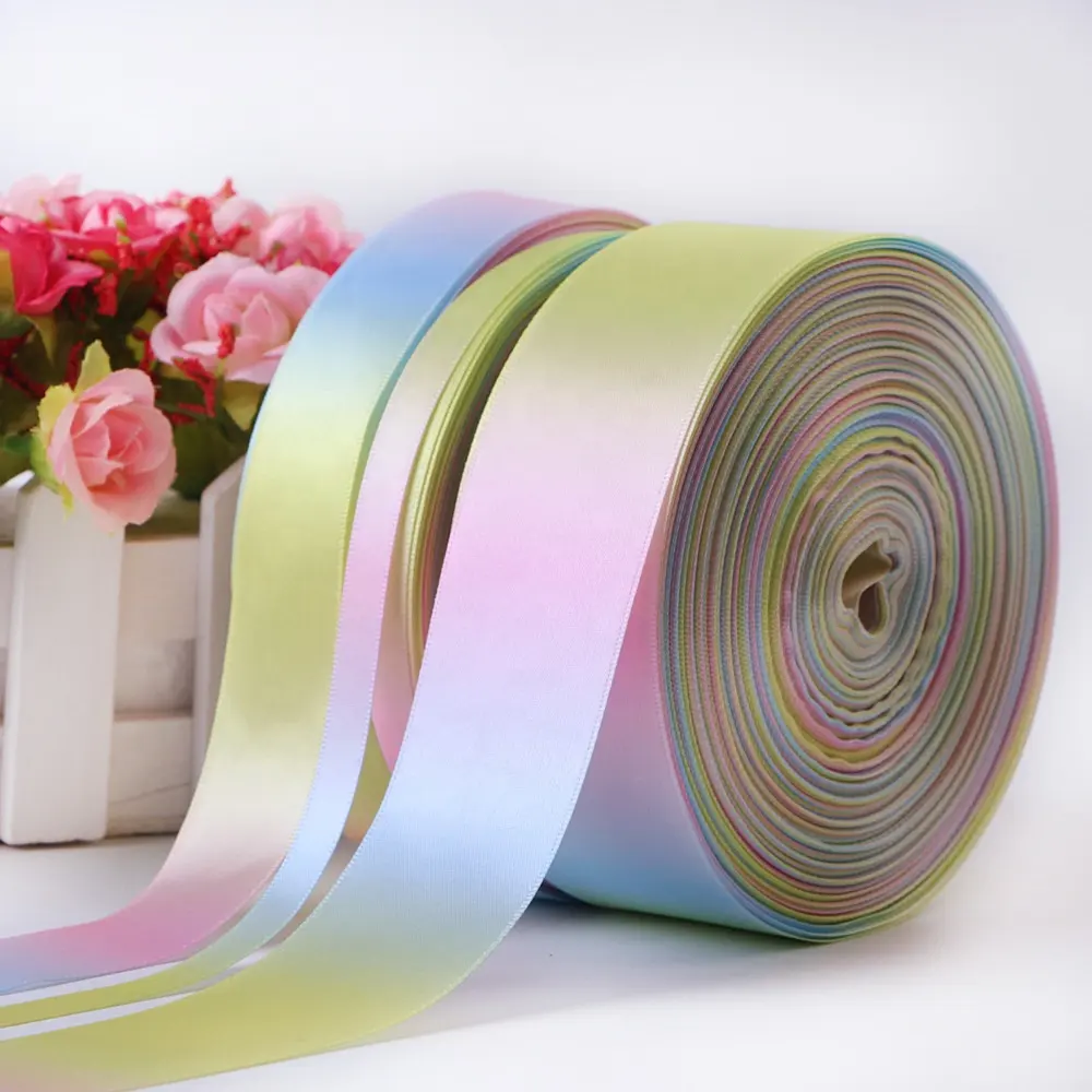 Ready to Ship Single Faced Satin Ribbon Satin Printing Ribbon Colorful Light Rainbow Pastel Ribbon for Handmade