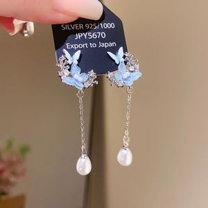 Korean <b>Blue</b> Crystal Zircon Flower Pendant <b>Earrings</b> for Women Simple Imitation Pearl Metal C-Shaped <b>Earrings</b> Fashion Date Jewelry - Product Image 3